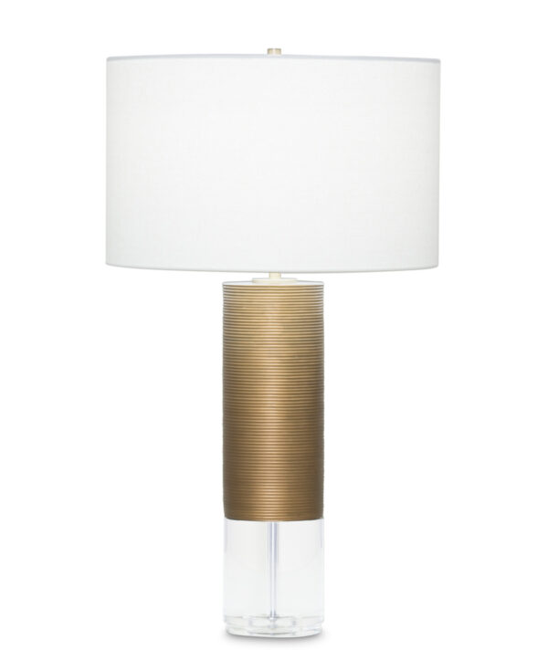 FlowDecor Sage Table Lamp in resin with antique brass finish and finely ribbed surface and crystal and off-white linen drum shade (# 3909)