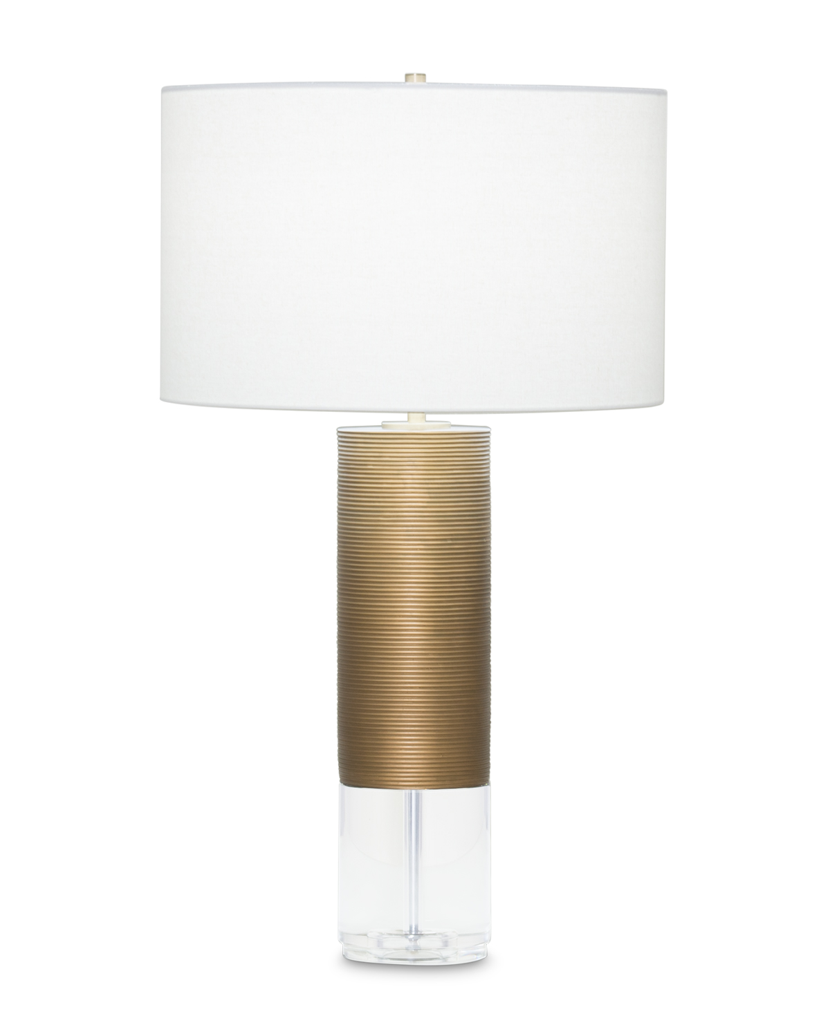 FlowDecor Sage Table Lamp in resin with antique brass finish and finely ribbed surface and crystal and off-white linen drum shade (# 3909)
