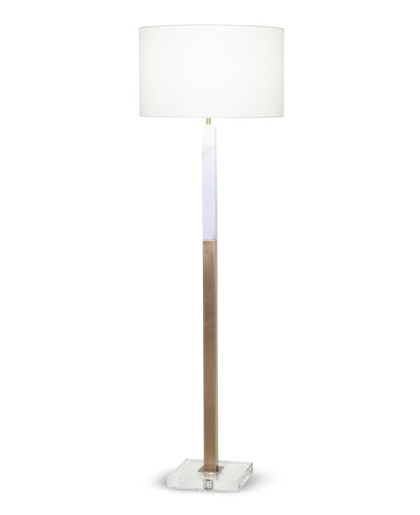 FlowDecor Sanders Floor Lamp in white marble and metal with antique brass finish and crystal and off-white linen drum shade (# 4354)