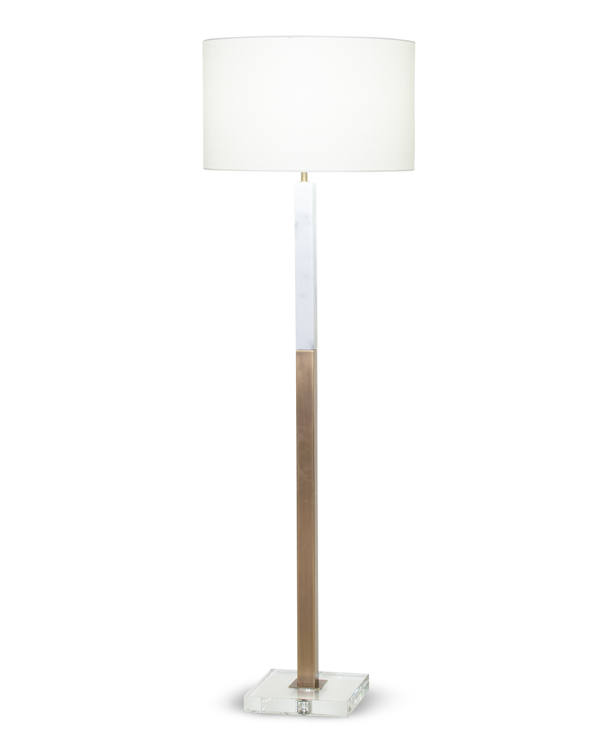 FlowDecor Sanders Floor Lamp in white marble and metal with antique brass finish and crystal and off-white linen drum shade (# 4354)