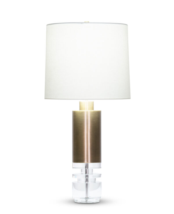 FlowDecor Scott Table Lamp in crystal and metal with antique brass finish and off-white linen tapered drum shade (# 4527)