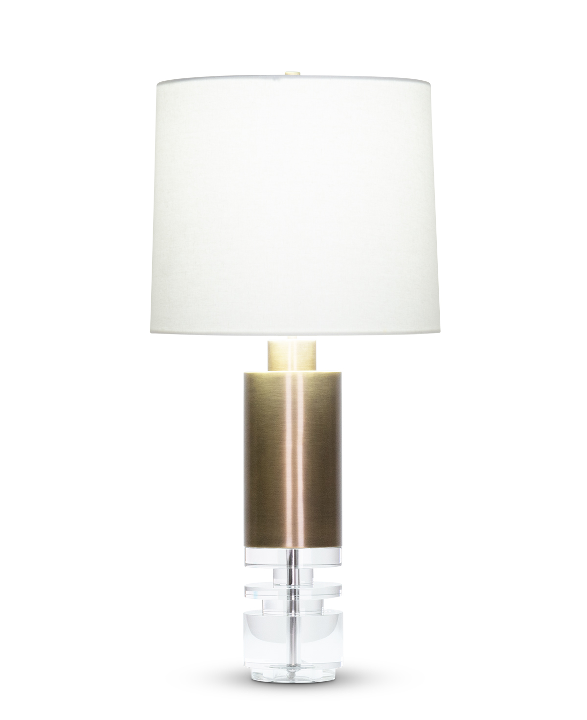 FlowDecor Scott Table Lamp in crystal and metal with antique brass finish and off-white linen tapered drum shade (# 4527)