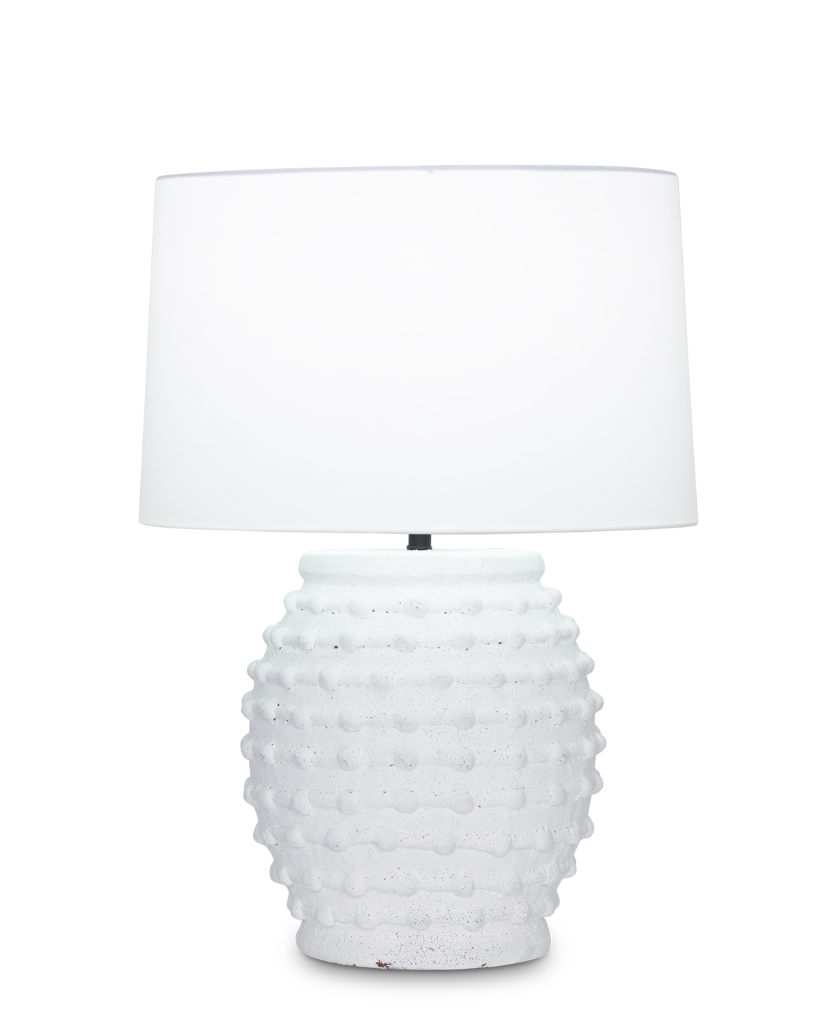 FlowDecor Tobin Table Lamp in ceramic with white finish and off-white cotton tapered drum shade (# 4547)
