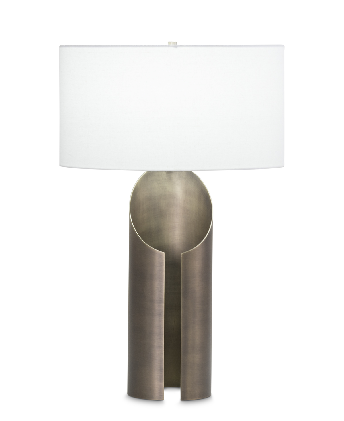 FlowDecor Weaver Table Lamp in metal with antique brass finish and off-white linen oval shade (# 3882)