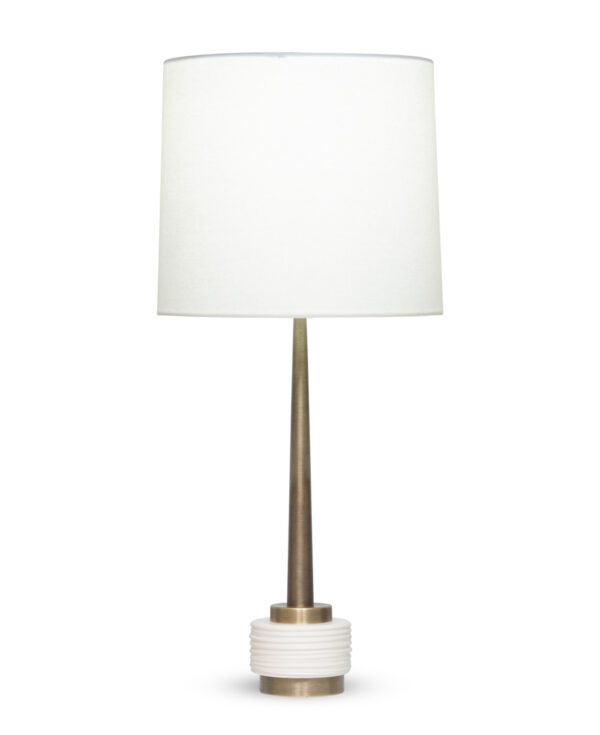 FlowDecor Weiss Table Lamp in metal with antique brass finish and resin with off-white matte finish and off-white linen tapered drum shade (# 4556)