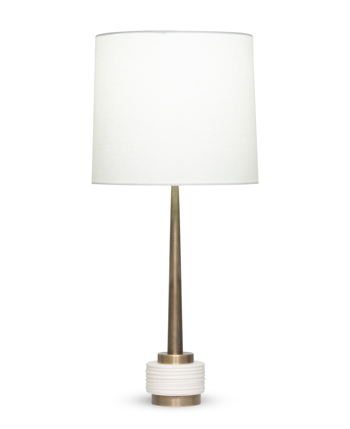 FlowDecor Weiss Table Lamp in metal with antique brass finish and resin with off-white matte finish and off-white linen tapered drum shade (# 4556)