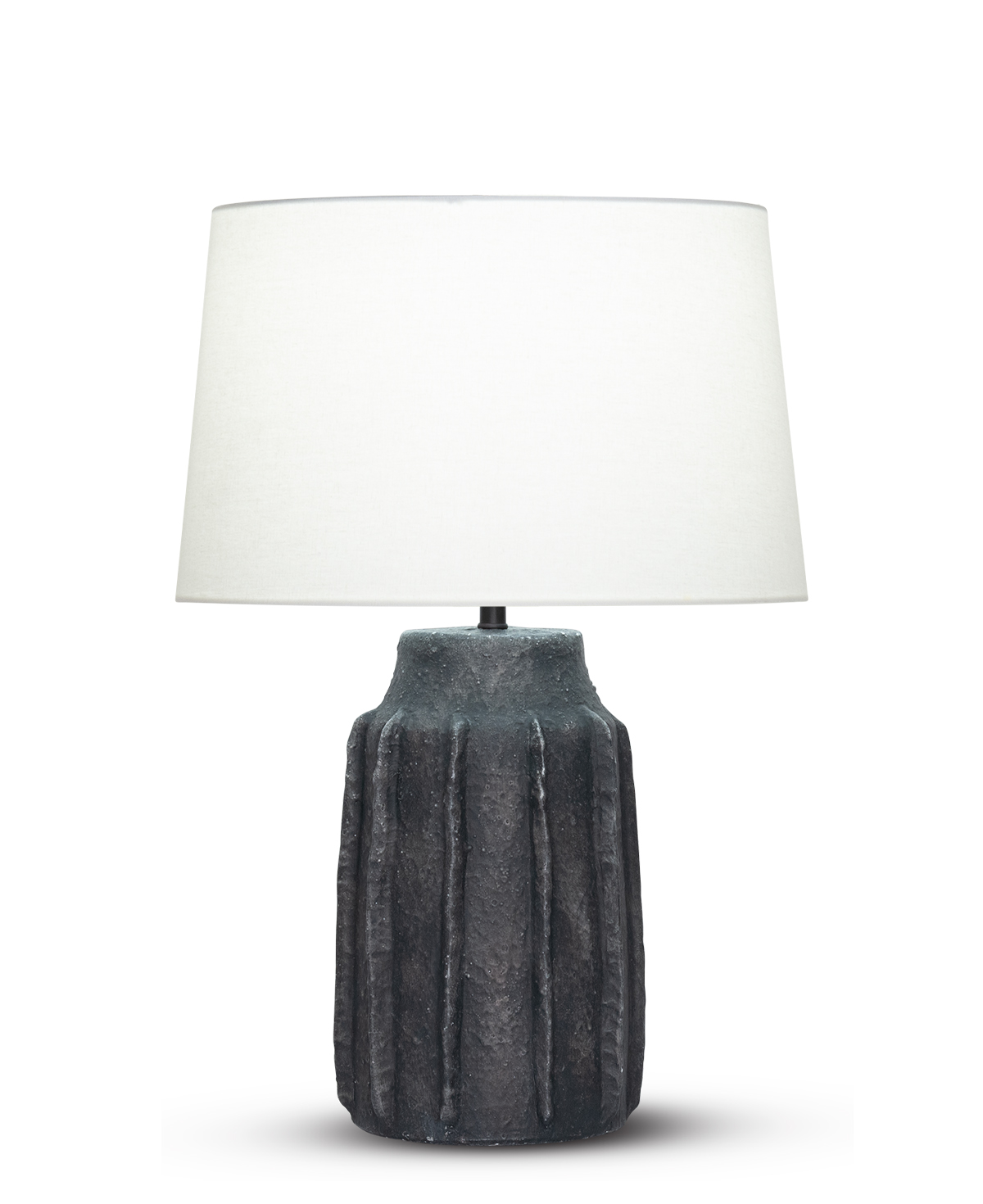 FlowDecor Wilkes Table Lamp in ceramic with distressed black & brown finish and off-white linen tapered drum shade (# 4540)