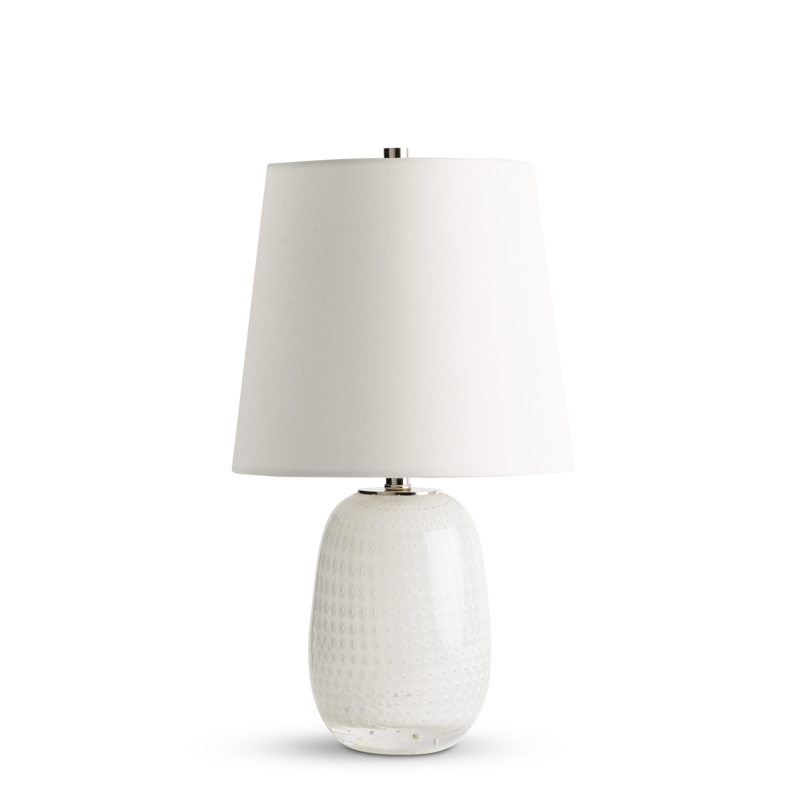 arezzo-white-glass-table-lamp-main-4690-OWC FlowDecor Arezzo Table Lamp in glass with opaque white finish with bubbles and off-white cotton tapered drum shade (# 4690)
