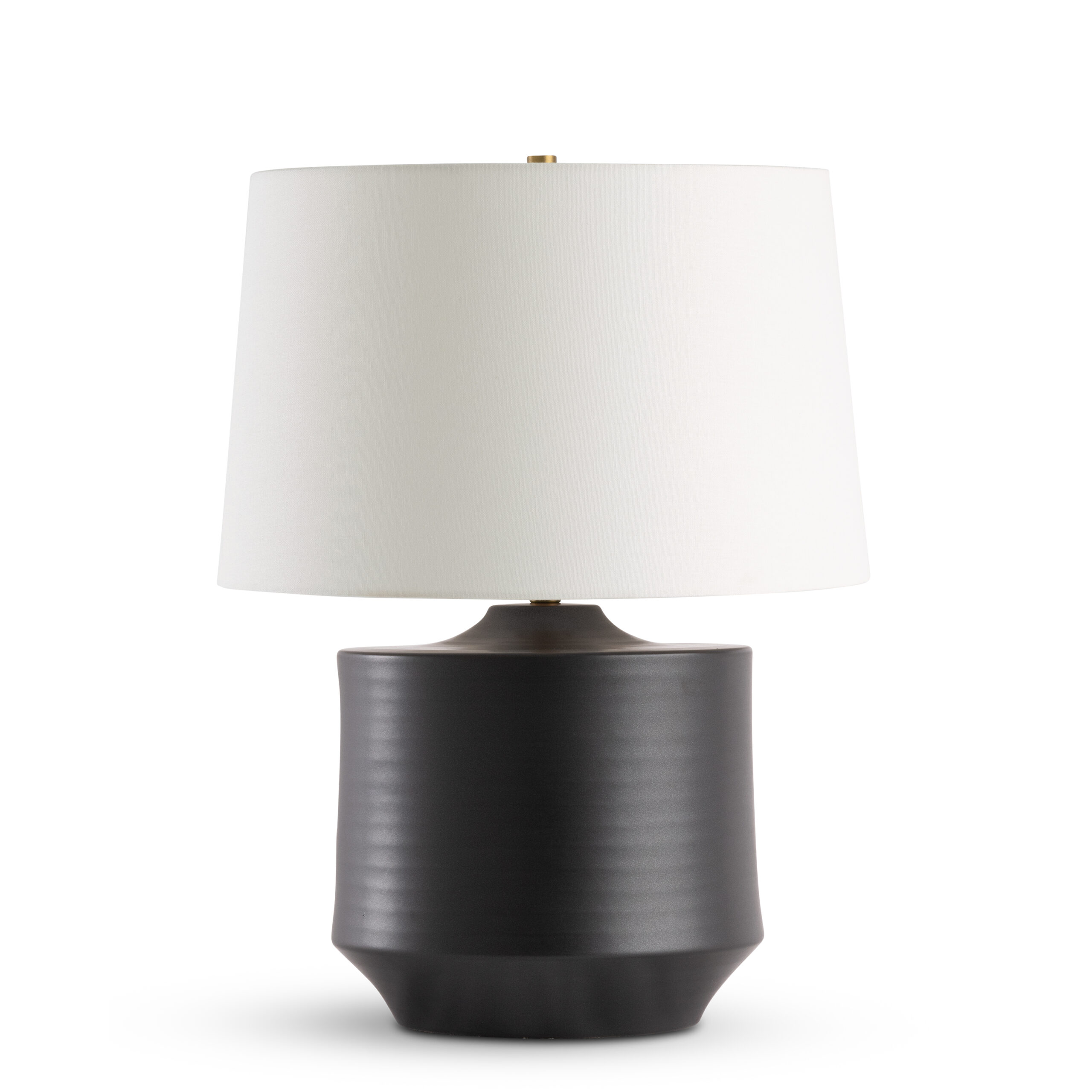 syracuse-black-ceramic-table-lamp-main-4703-OWC FlowDecor Syracuse Table Lamp in ceramic with black light sheen finish with faint lines and off-white cotton tapered drum shade (# 4703)