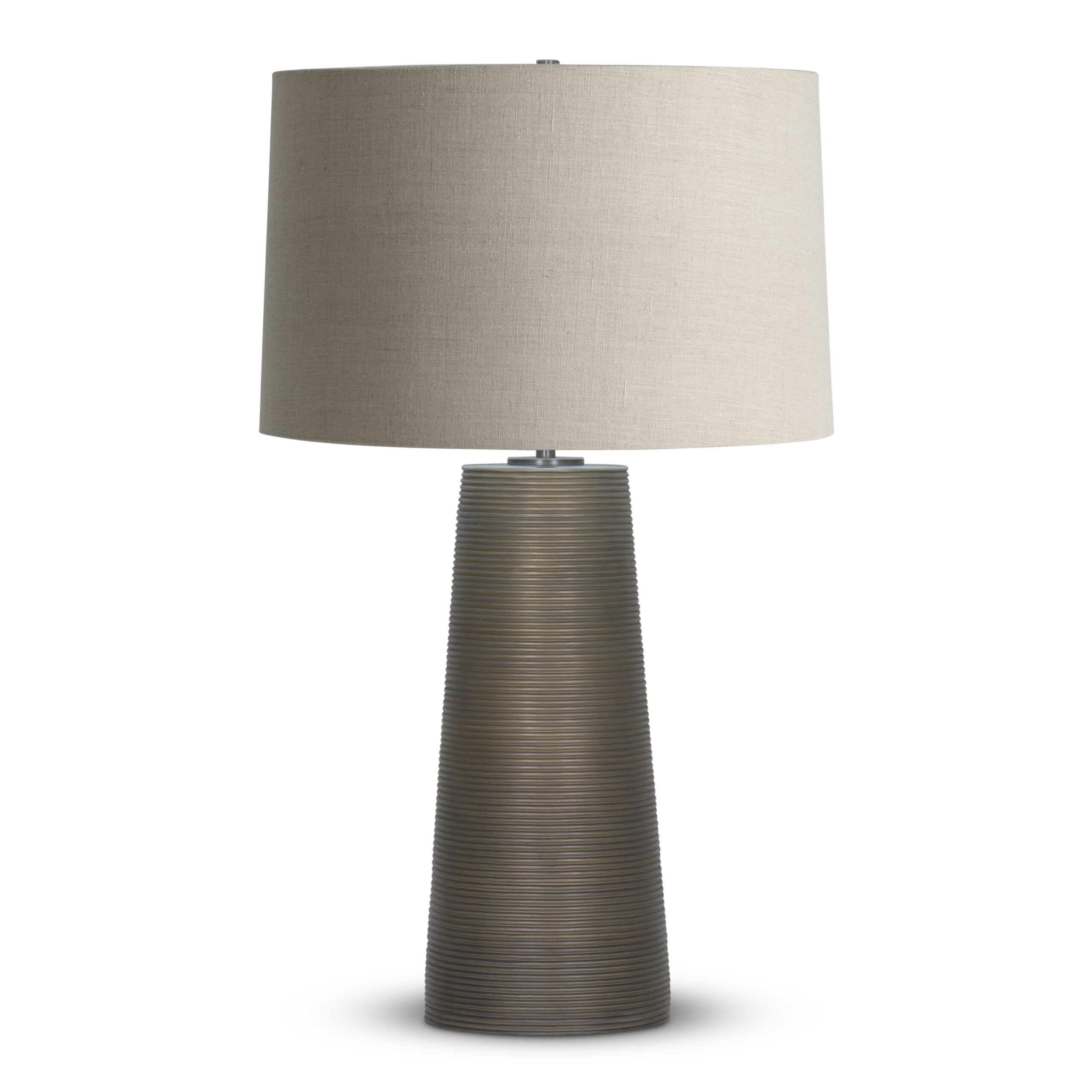 FlowDecor Olympia Table Lamp in resin with bronze finish and finely ribbed surface and beige linen tapered drum shade (# 4361)