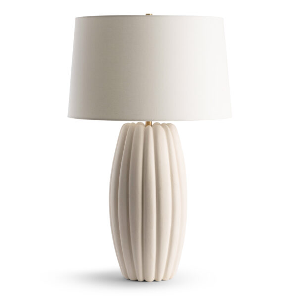 FlowDecor Bandini Table Lamp in ceramic with off-white finish and off-white linen tapered drum shade (# 4717)