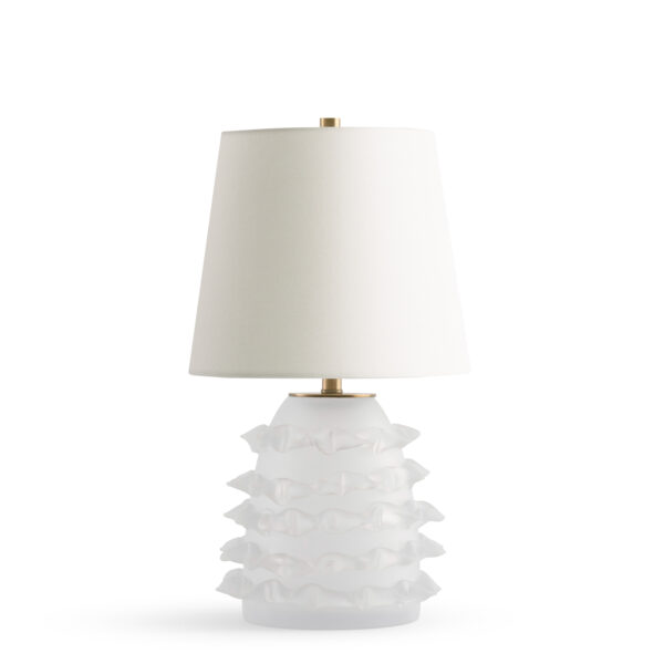 FlowDecor Booth Table Lamp in glass with frosted finish and off-white cotton tapered drum shade (# 4751)
