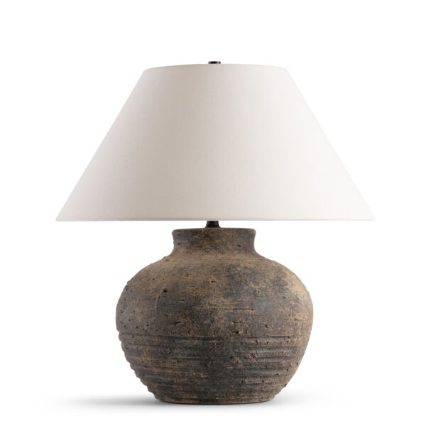 FlowDecor Caserta Table Lamp in ceramic with brown and off-white linen tapered drum shade (# 4707)