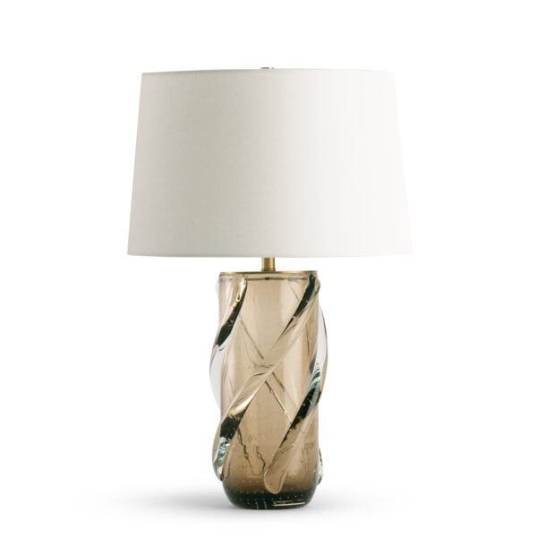 FlowDecor Christina Table Lamp in glass with brown & colourless finishes and off-white linen tapered drum shade (# 4750)