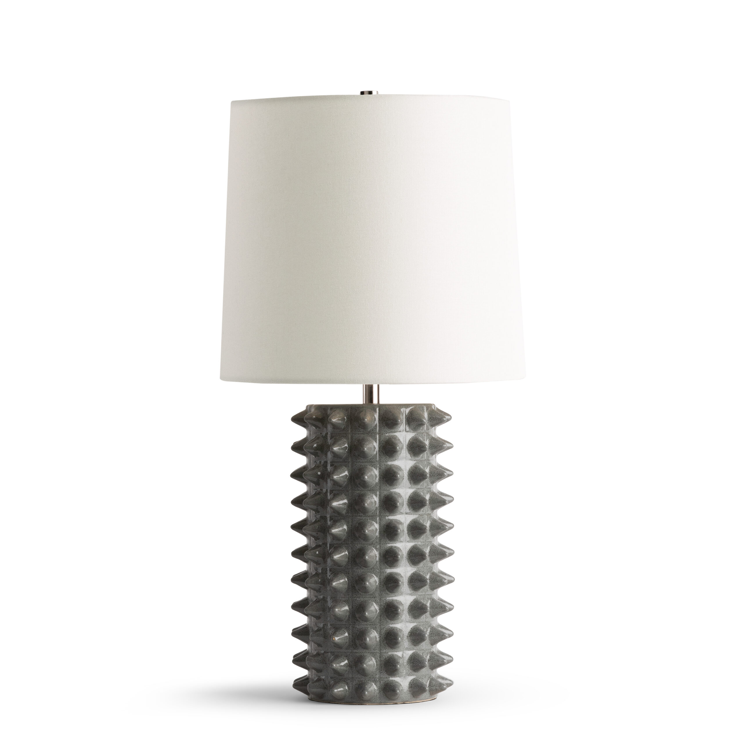 FlowDecor Geller Table Lamp in ceramic with grey finish and off-white linen tapered drum shade (# 4752)