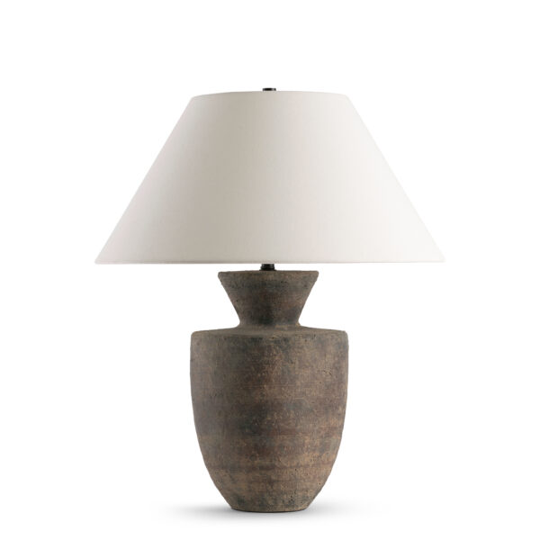 FlowDecor Jasper Table Lamp in ceramic with brown and off-white linen tapered drum shade (# 4746)