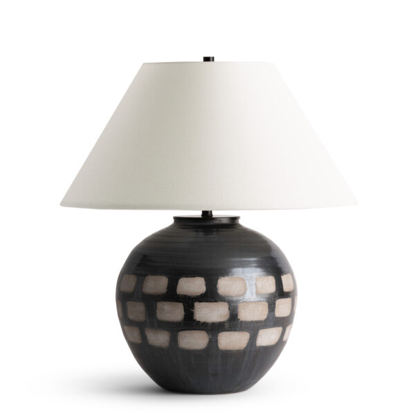 FlowDecor Jude Table Lamp in ceramic and off-white linen tapered drum shade (# 4755)