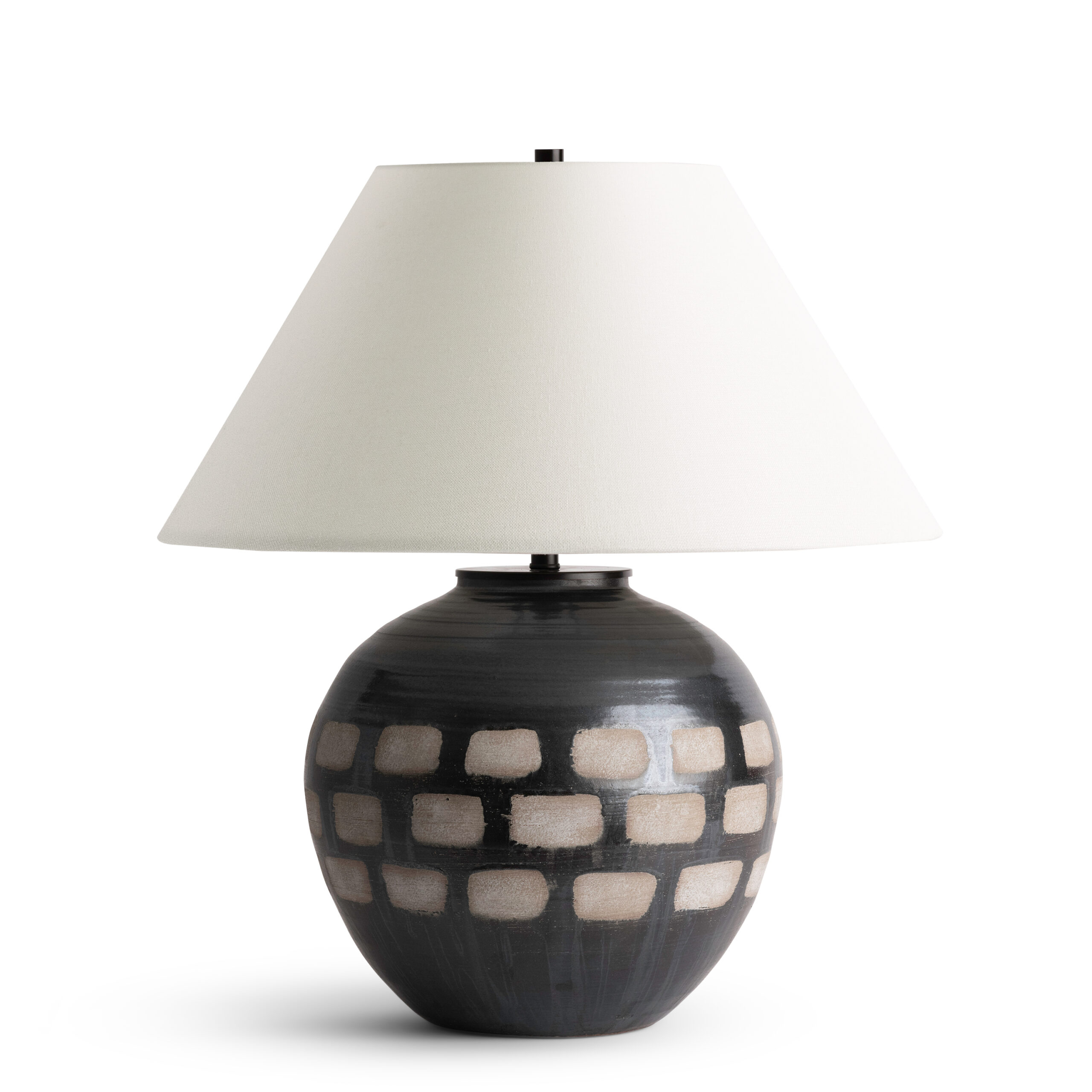 jude-brown-ceramic-table-lamp-main-4755-OWL FlowDecor Jude Table Lamp in ceramic with black-brown and off-white linen tapered drum shade (# 4755)