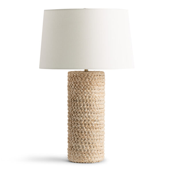 FlowDecor Lesina Table Lamp in corn husk with natural oatmeal finish and off-white linen tapered drum shade (# 4748)