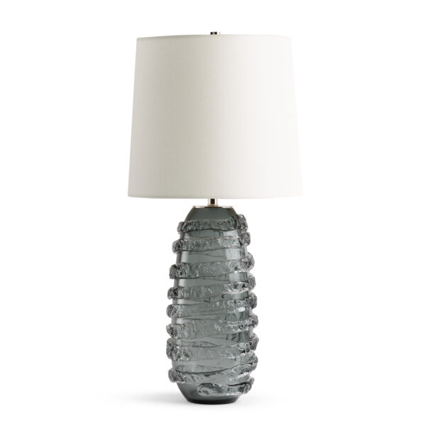 FlowDecor Livorno Table Lamp in glass with smokey grey and off-white linen tapered drum shade (# 4747)