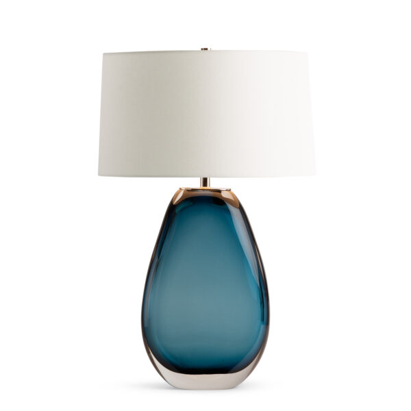 FlowDecor Marina Table Lamp in glass with blue and off-white linen oval shade (# 4734)