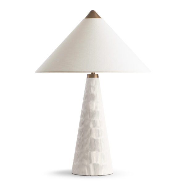 FlowDecor Mavis Table Lamp in resin with off-white matte finish and metal with antique brass finish and off-white linen tapered drum shade (# 4743)