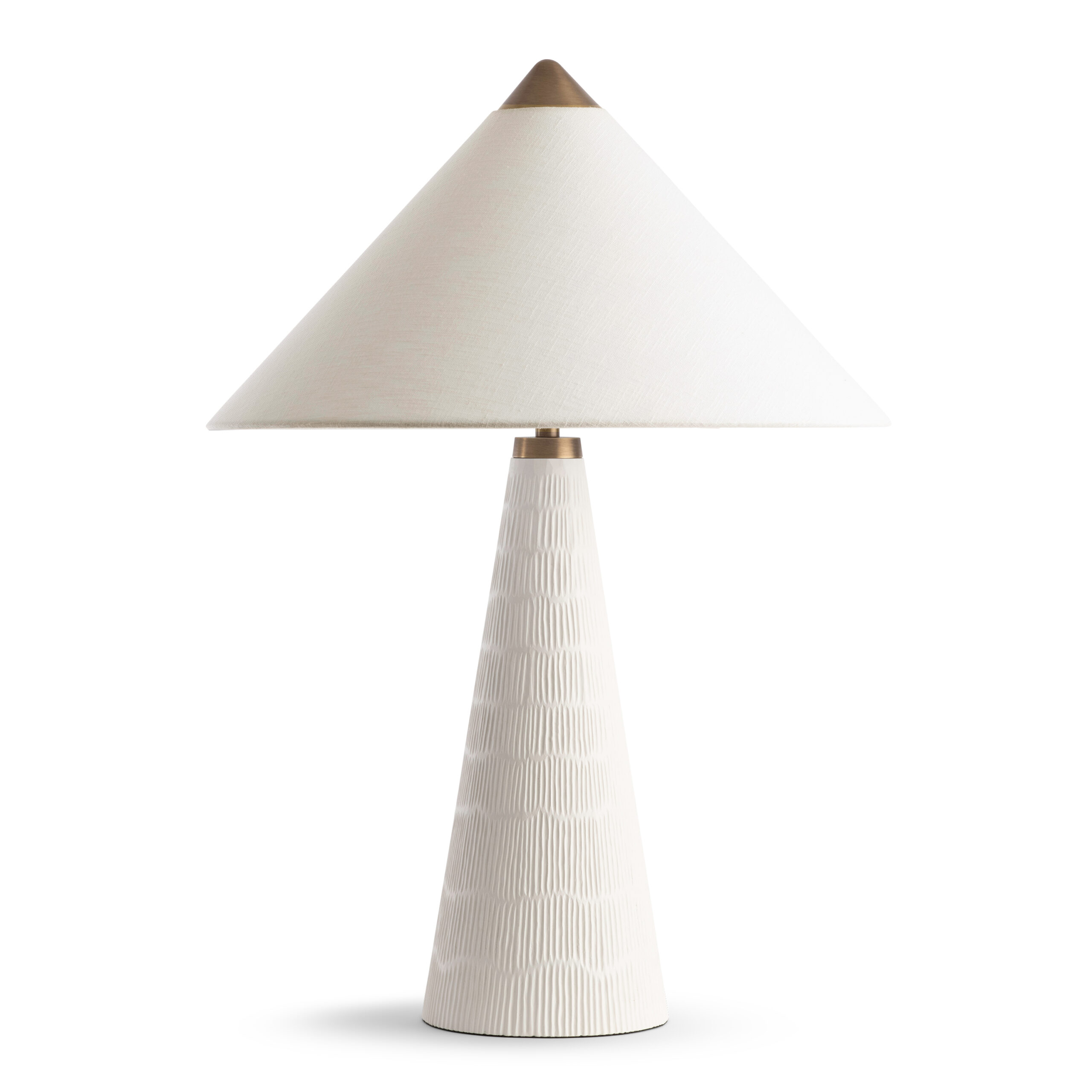 mavis-white-brass-table-lamp-main-4743-OWL FlowDecor Mavis Table Lamp in resin with off-white matte finish and metal with antique brass finish and off-white linen tapered drum shade (# 4743)