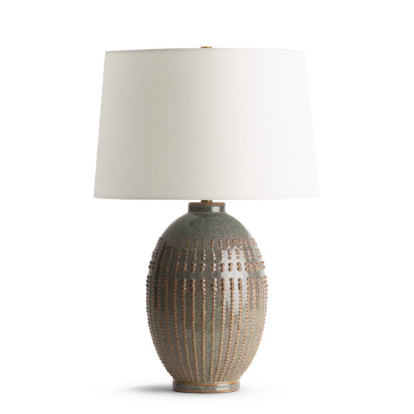 FlowDecor Pearl Table Lamp in ceramic and off-white linen tapered drum shade (# 4738)