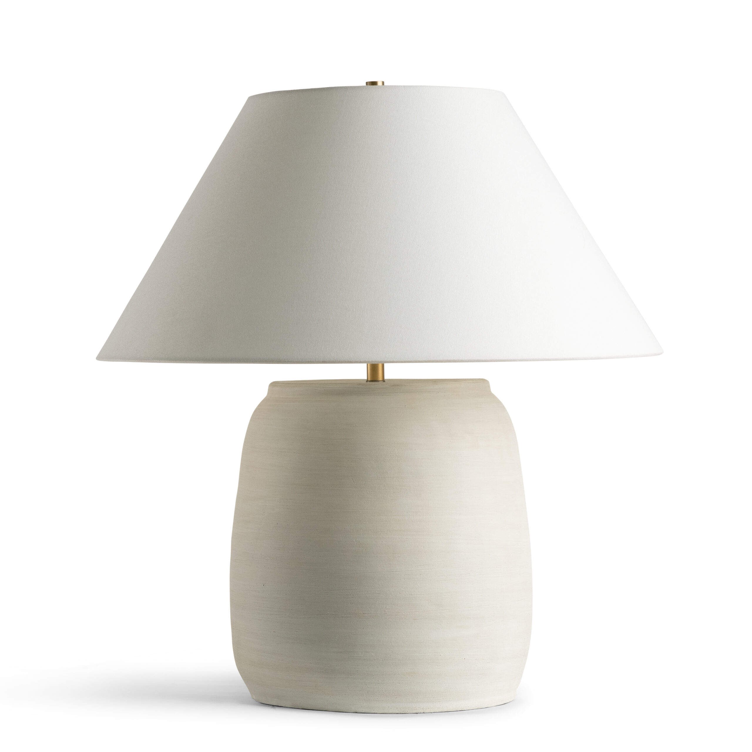 FlowDecor Regina Table Lamp in ceramic with cream finish and off-white linen tapered drum shade (# 4731)