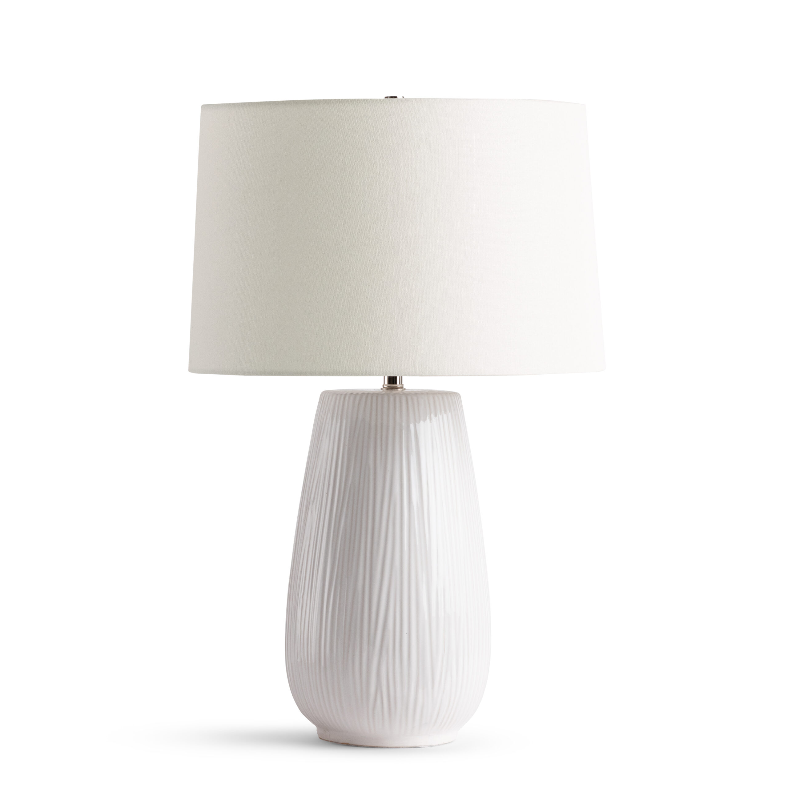 FlowDecor Remy Table Lamp in ceramic with white finish and off-white cotton tapered drum shade (# 4739)