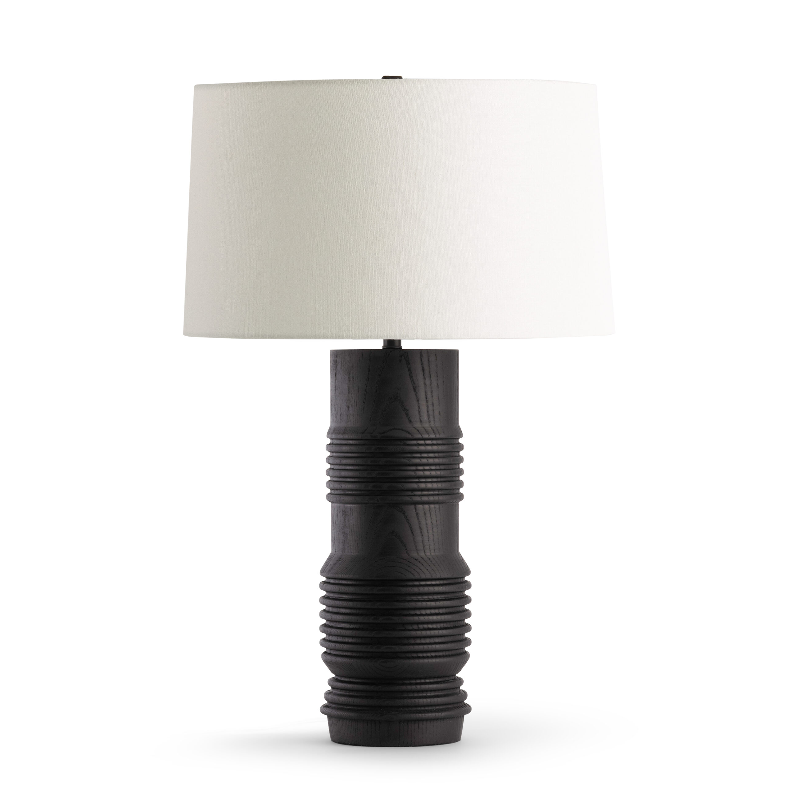 FlowDecor Rita Table Lamp in wood with black stain finish and off-white linen tapered drum shade (# 4745)