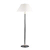 FlowDecor Salem Floor Lamp in wood with black stain finish and metal with antique brass finish and off-white linen tapered drum shade (# 4756)