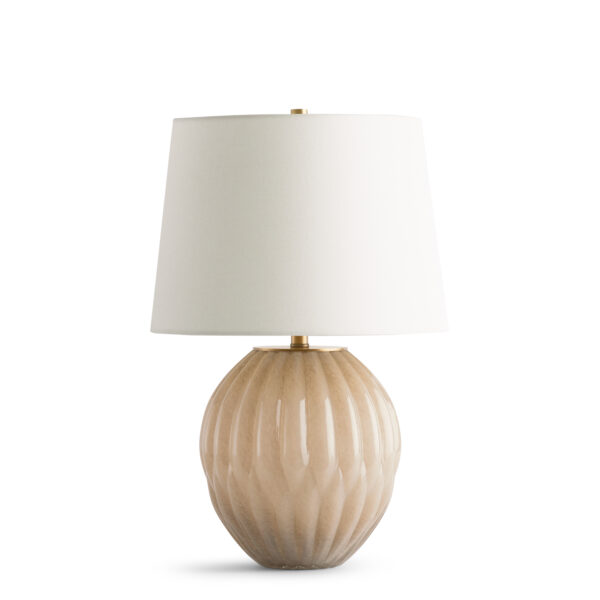 FlowDecor Savoy Table Lamp in glass with beige finish and off-white linen tapered drum shade (# 4749)