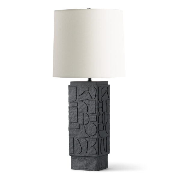 FlowDecor Camden Table Lamp in wood with black stain finish and off-white linen tapered drum shade (# 4766)