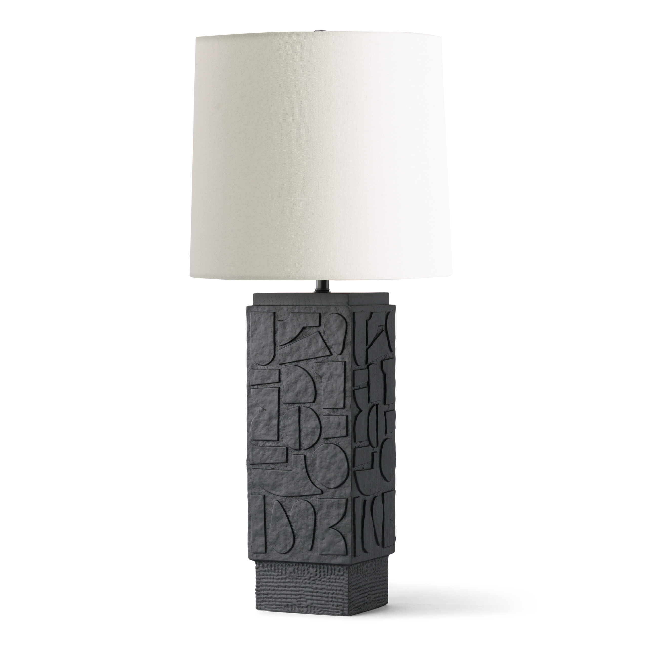camden-black-wood-table-lamp-main-4766-OWL FlowDecor Camden Table Lamp in wood with black stain finish and off-white linen tapered drum shade (# 4766)