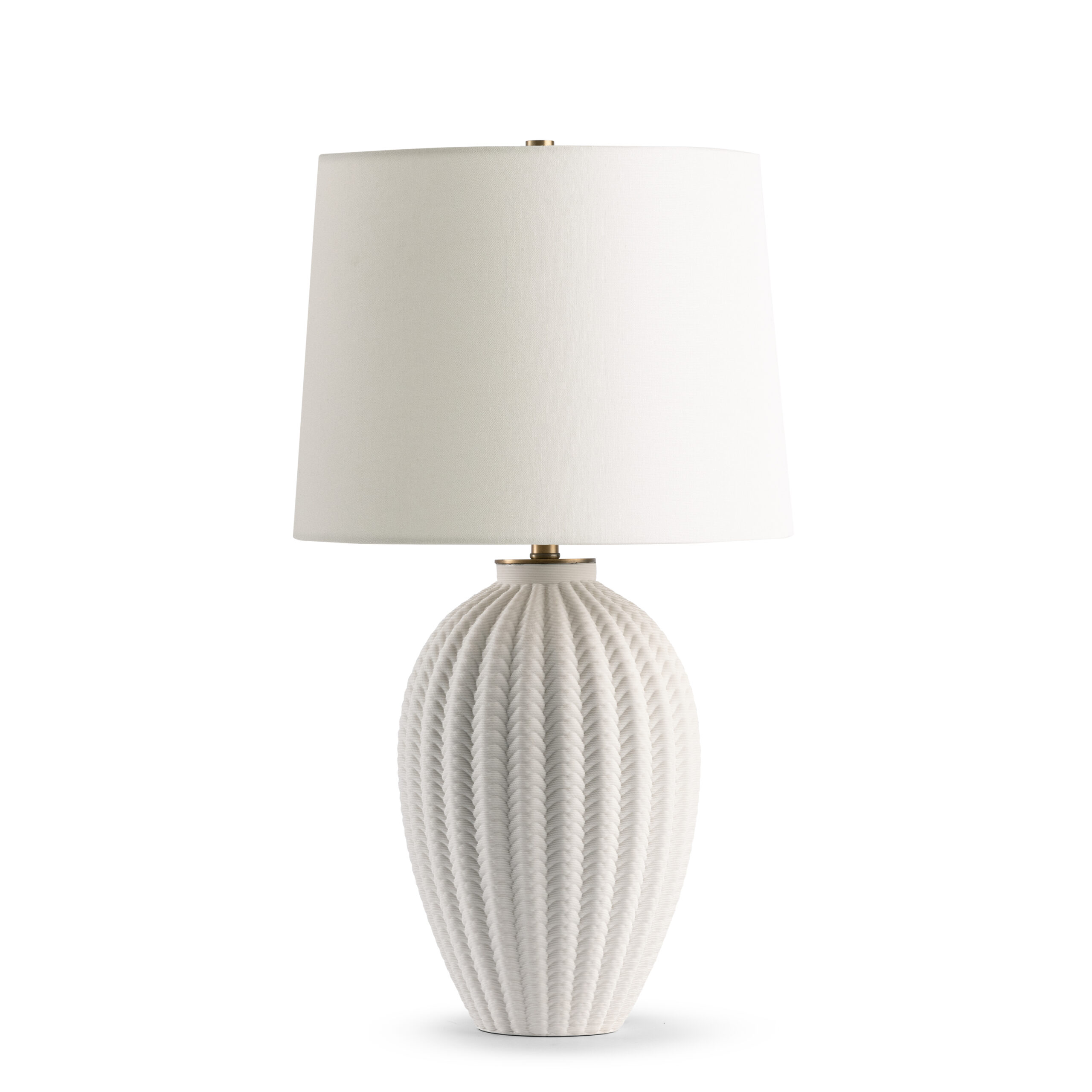 imogen-white-ceramic-table-lamp-main-4771-OWC FlowDecor Imogen Table Lamp in ceramic with off-white finish and metal with antique brass finish and off-white cotton tapered drum shade (# 4771)