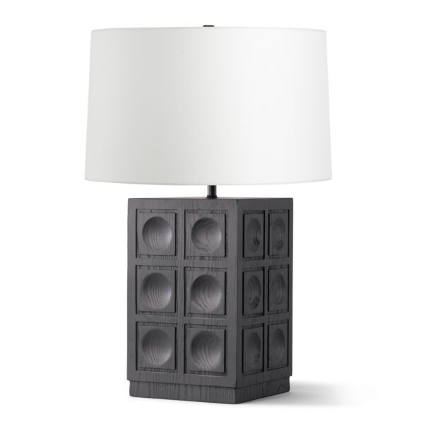 FlowDecor Jett Table Lamp in wood with black stain finish and off-white linen tapered drum shade (# 4781)