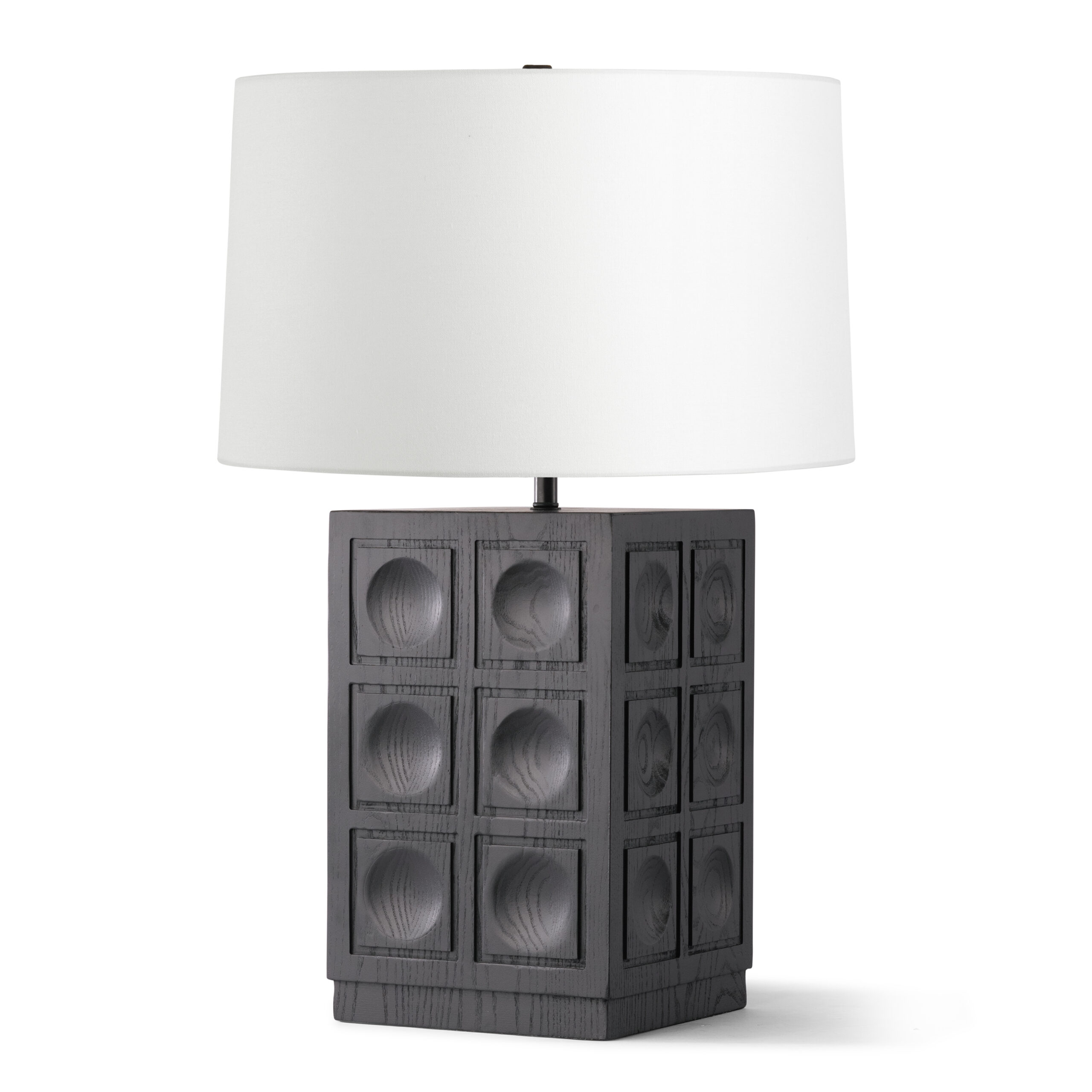 jett-black-wood-table-lamp-main-4781-OWL FlowDecor Jett Table Lamp in wood with black stain finish and off-white linen tapered drum shade (# 4781)