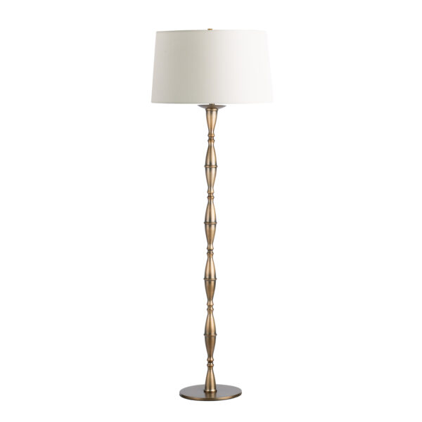 FlowDecor Kenora Floor Lamp  in metal with antique brass finish and off-white linen tapered drum shade (# 4761)
