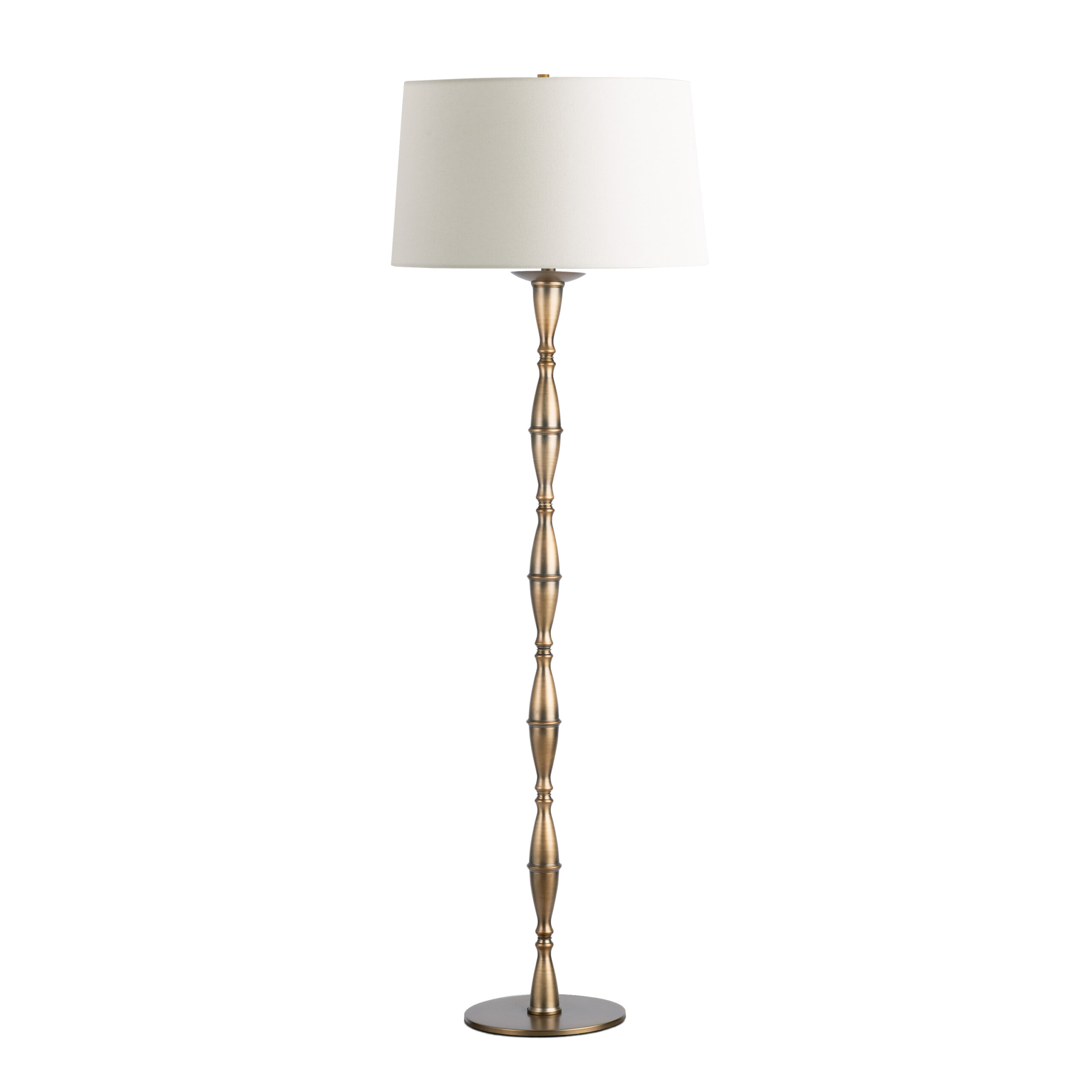 kenora-brass-floor-lamp-main-4761-OWL FlowDecor Kenora Floor Lamp in metal with antique brass finish and off-white linen tapered drum shade (# 4761)