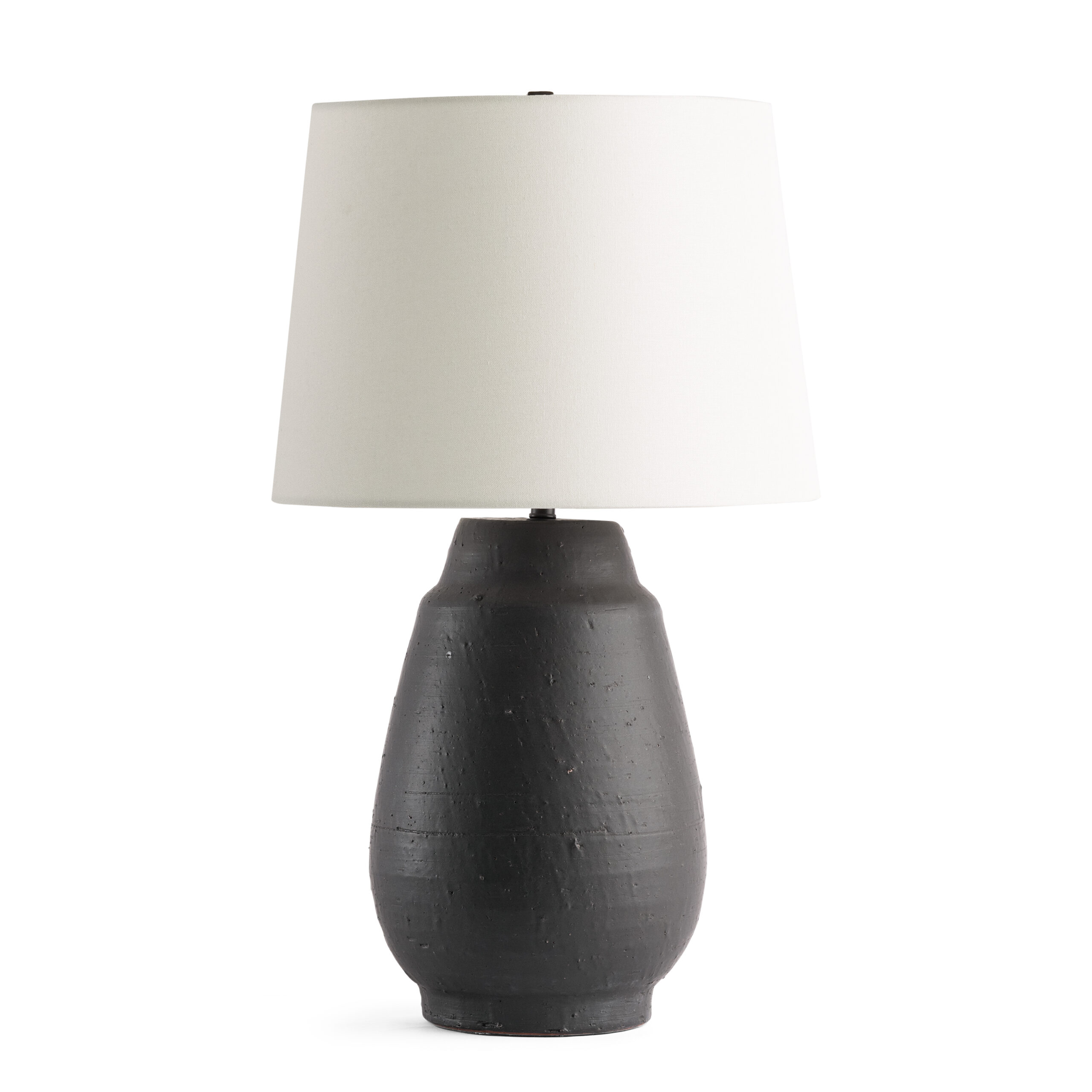 lettie-black-ceramic-table-lamp-main-4774-OWL FlowDecor Lettie Table Lamp in ceramic with black-brown and off-white linen tapered drum shade (# 4774)