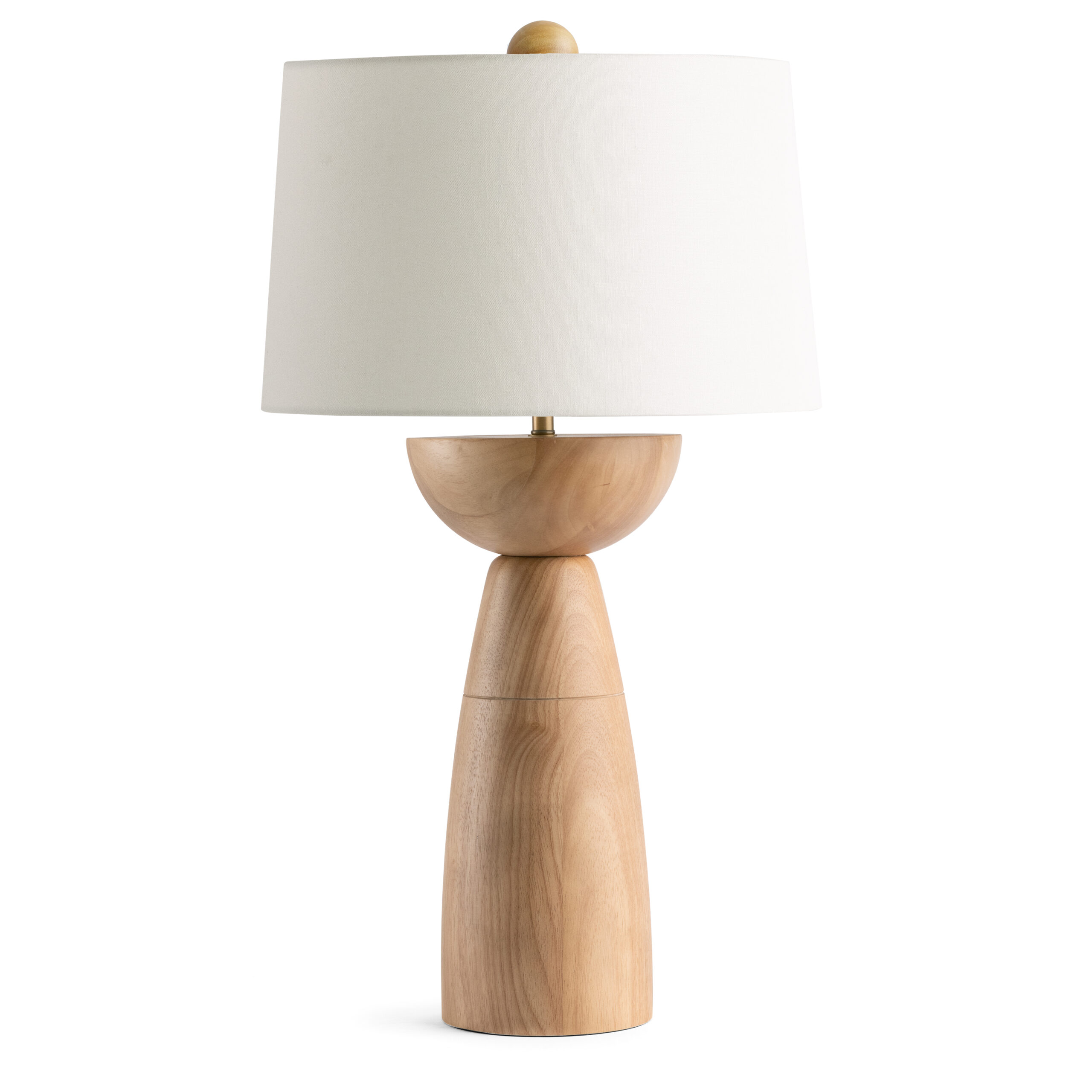 miriam-brown-wood-table-lamp-main-4767-OWL FlowDecor Miriam Table Lamp in wood with light finish and off-white linen tapered drum shade (# 4767)
