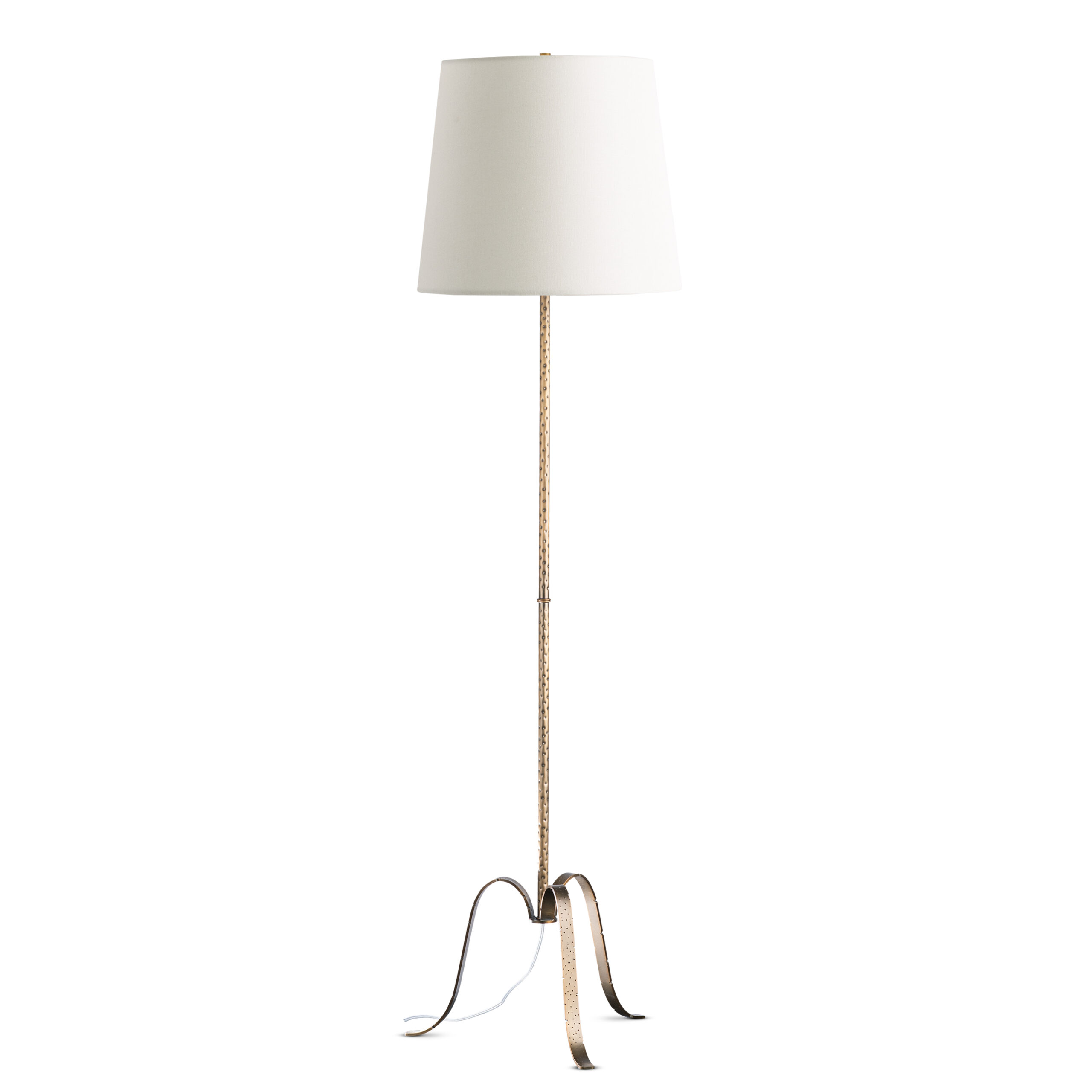 FlowDecor Sudbury Floor Lamp in metal with antique brass finish and off-white linen tapered drum shade (# 4763)