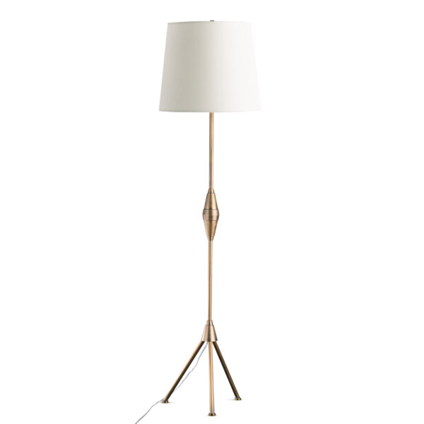 FlowDecor Tobermory Floor Lamp in metal with antique brass finish and off-white linen tapered drum shade (# 4765)