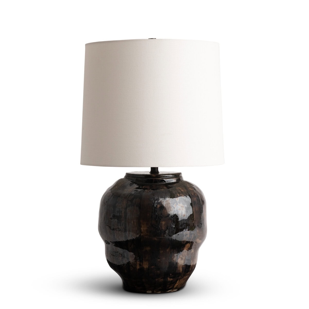 FlowDecor Fabian Table Lamp in ceramic with black and brown and off-white linen tapered drum shade (# 4799)