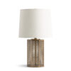 FlowDecor Grant Table Lamp in metal with antique brass finish and off-white linen tapered drum shade (# 4795)