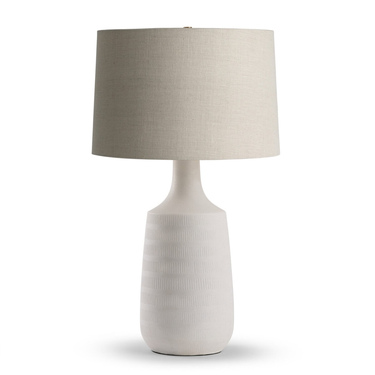 FlowDecor Josie Table Lamp in resin with white finish and beige linen tapered drum shade (# 4803)