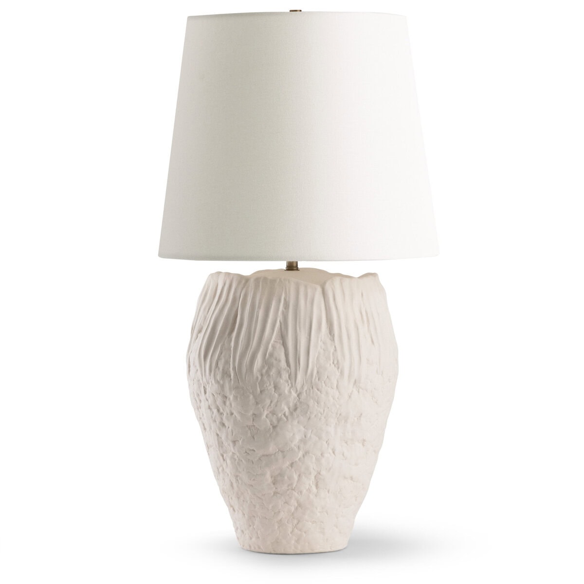 FlowDecor Lark Table Lamp in ceramic with white finish and off-white linen tapered drum shade (# 4810)