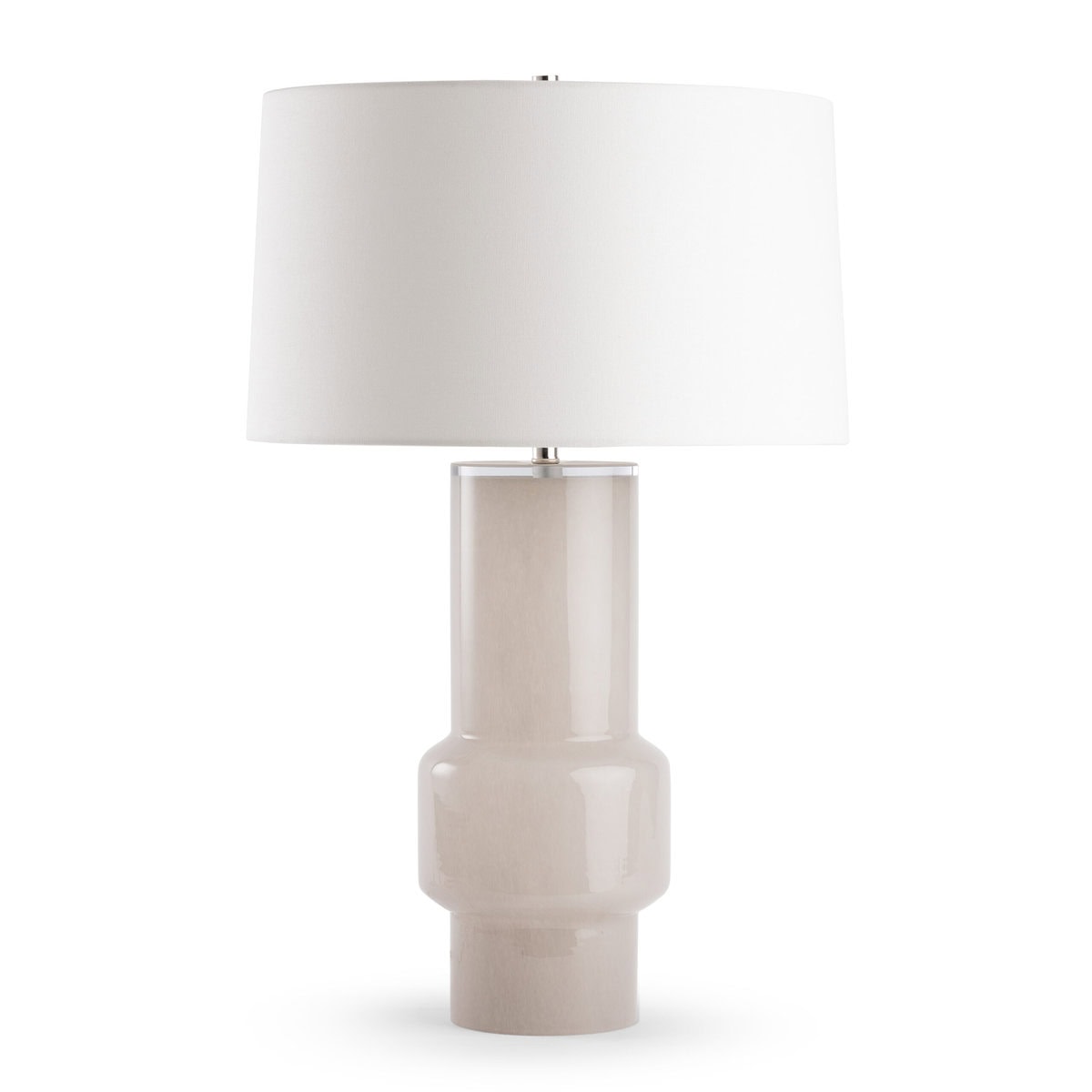 FlowDecor Lindsay Table Lamp in glass with beige and off-white linen tapered drum shade (# 4800)