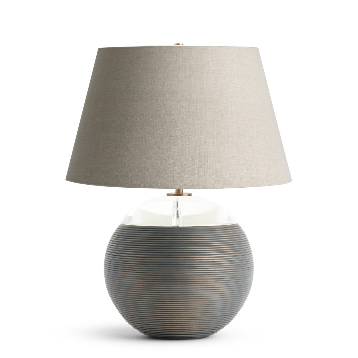 FlowDecor Liora Table Lamp in resin with bronze finish and finely ribbed surface and crystal and beige linen tapered drum shade (# 4794)